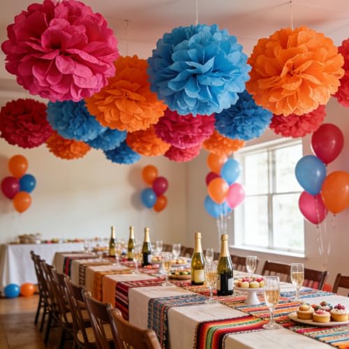 Image of Rose Red Orange Blue Red Paper Pom Poms for Mexican Birthday Cinco De Mayo Party Decoration - Ceiling Wall Hanging Tissue Flowers for Mexican Theme Fiesta Cinco De Mayo