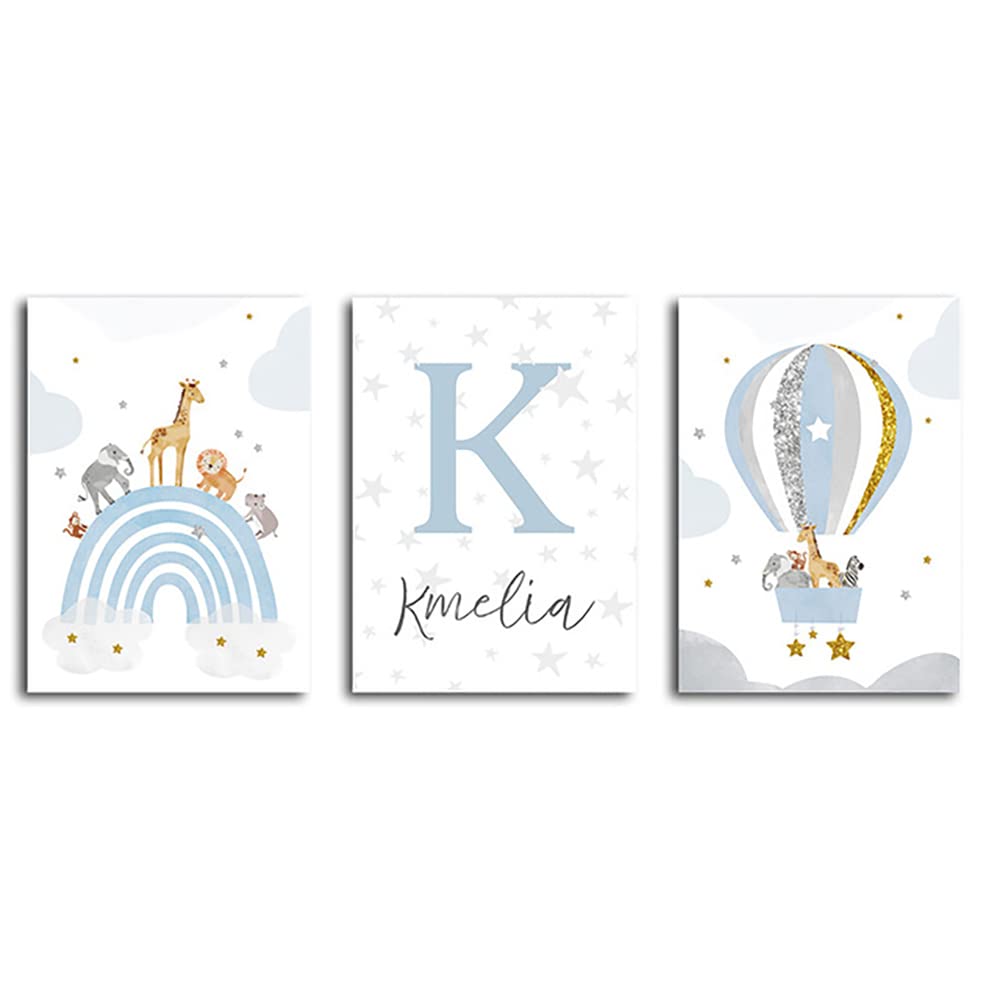 3 Poster Nordico Infantil Lamina Nombre Personalizado Bebe Cuadros Habitacion Arcoiris Globos Aerostáticos para Decoracion Dibujos Animales Azul Niños Impresión en Lienzo 30 x 40 cm sin Marco