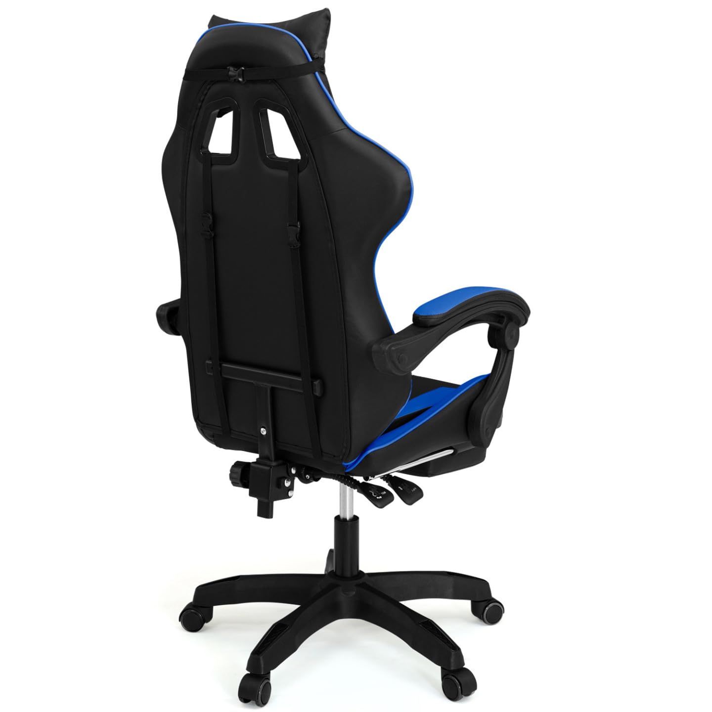IDMarket - Sedia da gioco ALEX regolabile con poggiapiedi, cuscino per la testa e cuscino lombare in nero e blu
