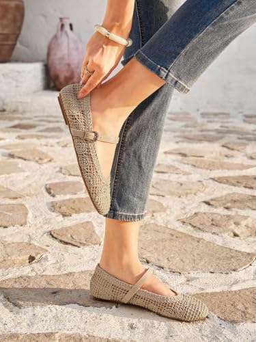 Image of Coutgo Womens Mary Jane Woven Flats Round Toe Ballet Flats Dressy Comfortable Slip On Shoes