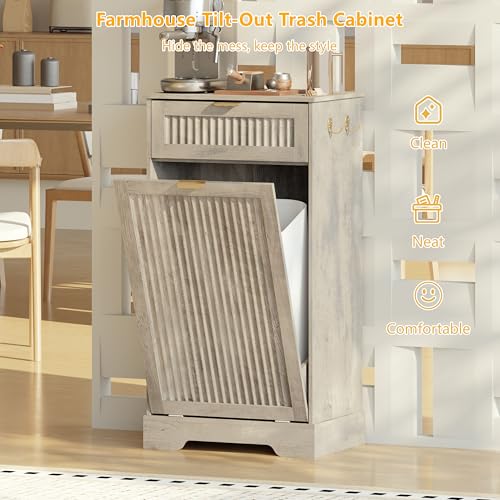 Image of Single 13 Gallon Tilt Out Trash Can Cabinet,Garbage Cabinet with Drawer | Hidden Garbage Storage with Fluted Design, Drawer & Hooks for Kitchen, Dining Room and Small Space Organization,Wood Grey