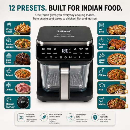 Image of Libra 5.5 L Glass Air Fryer Oven - Multifunction Digital Air Fryer for Home | PTFE-Free Non Toxic Glass Bowl, 1500W, 12 Presets, Air Fry Grill Roast Dehydrate,180 Visible Window, 1 Year Warranty