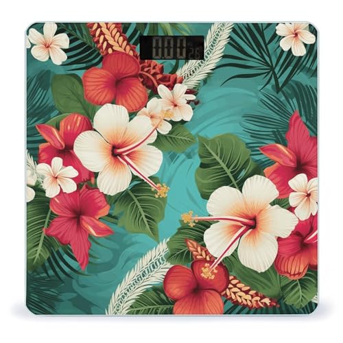 Báscula digital de baño con fondo verde y flores hawaianas miniatura 1