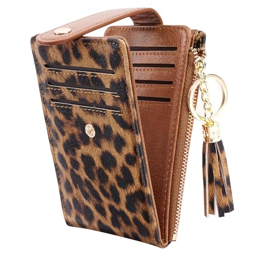 Slim Card Holder Wallet for Women RFID Blocking Leather Multi Card Bifold Wallet with Tassel Zipper Coin Pocket,Leopard