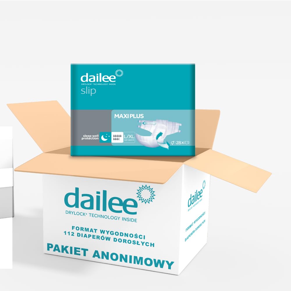 Dailee Slip Maxi Plus L/XL - 112x Pieluszki Dla Starszych Majtek - 4 Paczki po 28 Sztuk, Absorbencja Maxi 8,5 Kropli - Slip Poślizg Absorbent Nietrzymanie Moczu Kobiety Mężczyźni
