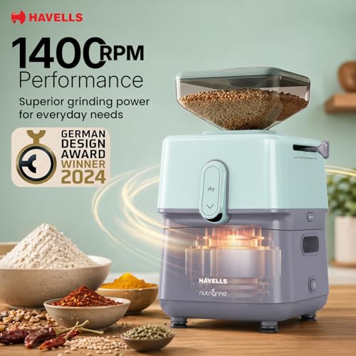 Image of Havells Nutri Grind Atta Mill| 400W High Torque Induction Motor | 1400 RPM Slow Speed Grinding | Quality Coarse Stones | 2 Yr Manufacturer Warranty| Grey & Pista Green