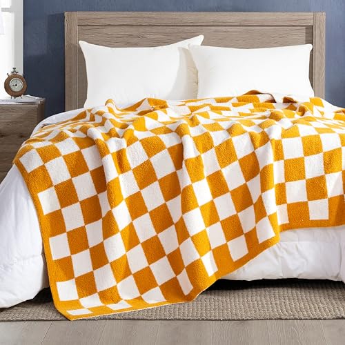 Image of Elegant Comfort Checkered Throw Blanket, Gold Super Soft Cozy Fluffy Warm Throw Blankets for Couch, Sofa, Chair, Bed, Camping, Picnic, Travel Lightweight Bed Blanket (50 inch x 70 inch)