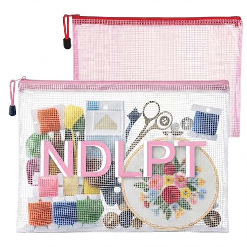 Sabary 2 Pcs Needlepoint Project Bag Set NDLPT Clear Mesh Zipper Pouch Sewing Bags Organizer Storage for Embroidery Quilter Crafter Art Stitching Gift 13.6x9.6 + 11.6x8.4(Pink)