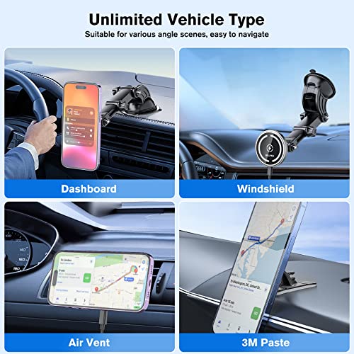 Ohlpro Magnetic Wireless Car Charger For Magsafe Mount Iphone 14/13/12 Series, Strong Suction Cup Phone Holder For Car Dashboard Windshield Vent, With Adjustable Telescopic Arm And Qc3.0 Car Adapter #TOP3