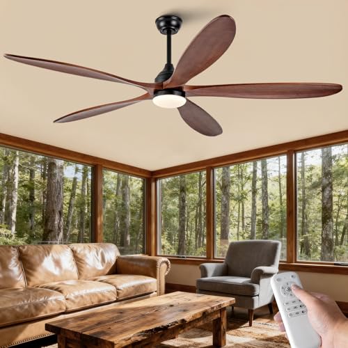 Image of 72 Inch Solid Wood Outdoor Ceiling Fans with Lights and Remote,Walnut 5 Blades,Dimmable,6 Speed Quiet DC Motor, Indoor Outdoor Ceiling Fan for Patios Bedroom Living Room