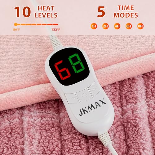 JKMAX Heated Electric Blanket Full Size - 72"x84" Flannel Heating Blanket with 10 Heating Levels & 5 Time Settings Over-Heat Protection, Winter Warmer for Adults with ETL Certification(Pink)