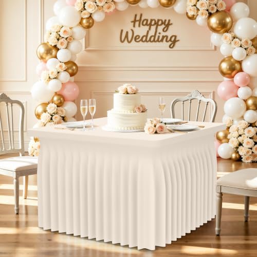 Image of Smiry Spandex Elastic Fitted Table Cloth Skirt for 3FT Square Table | Stretch Washable Table Cloth, Banquet Table Cover for Wedding, Party, Indoor & Trade Shows, (Beige, 36Lx36Wx30H)