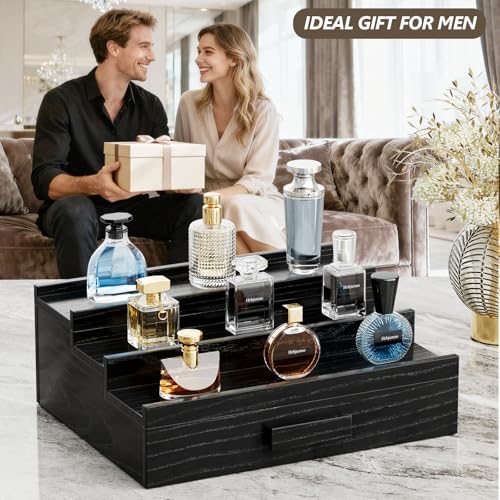 Image of Solid Walnut Cologne Organizer for Men, 3 Tier Cologne Stand Display Shelf | Wood Perfume Organizer, Cologne Holder with Drawer Storage and Hidden Compartment,Gift for Men Dad Husband Boyfriend, Black
