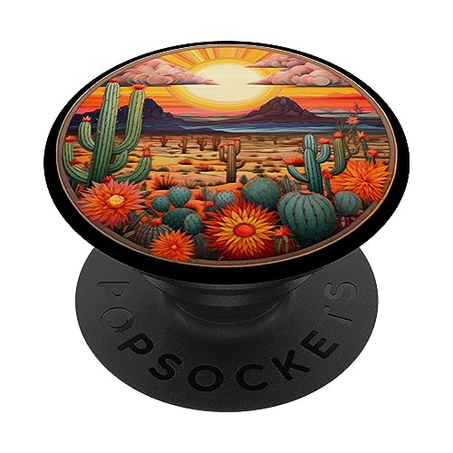 Desert Nature Landscape Scene Cactus sun mountains PopSockets Swappable PopGrip, Black
