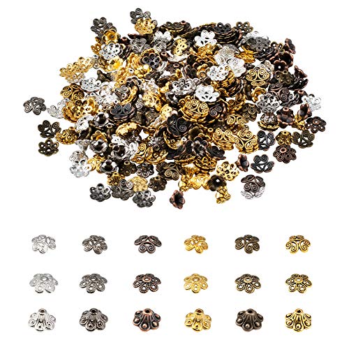 PH PandaHall 360pcs 6 Colors Bead Caps, Metal End Caps Spacers Tibetan Style Alloy for Earring Bracelet Necklace Jewelry DIY Craft Making