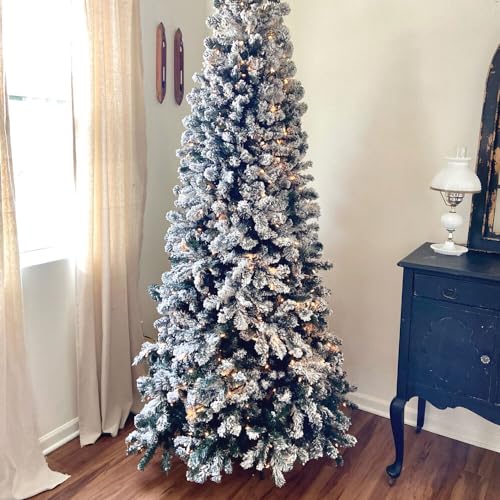 Fraser Hill Farm Alaskan Flocked Christmas Tree, 9 Feet Tall, Faux Tree with White Incandescent Smart Lights, Lights with Easy to Connect and Set up Features, Modern Holiday Décor