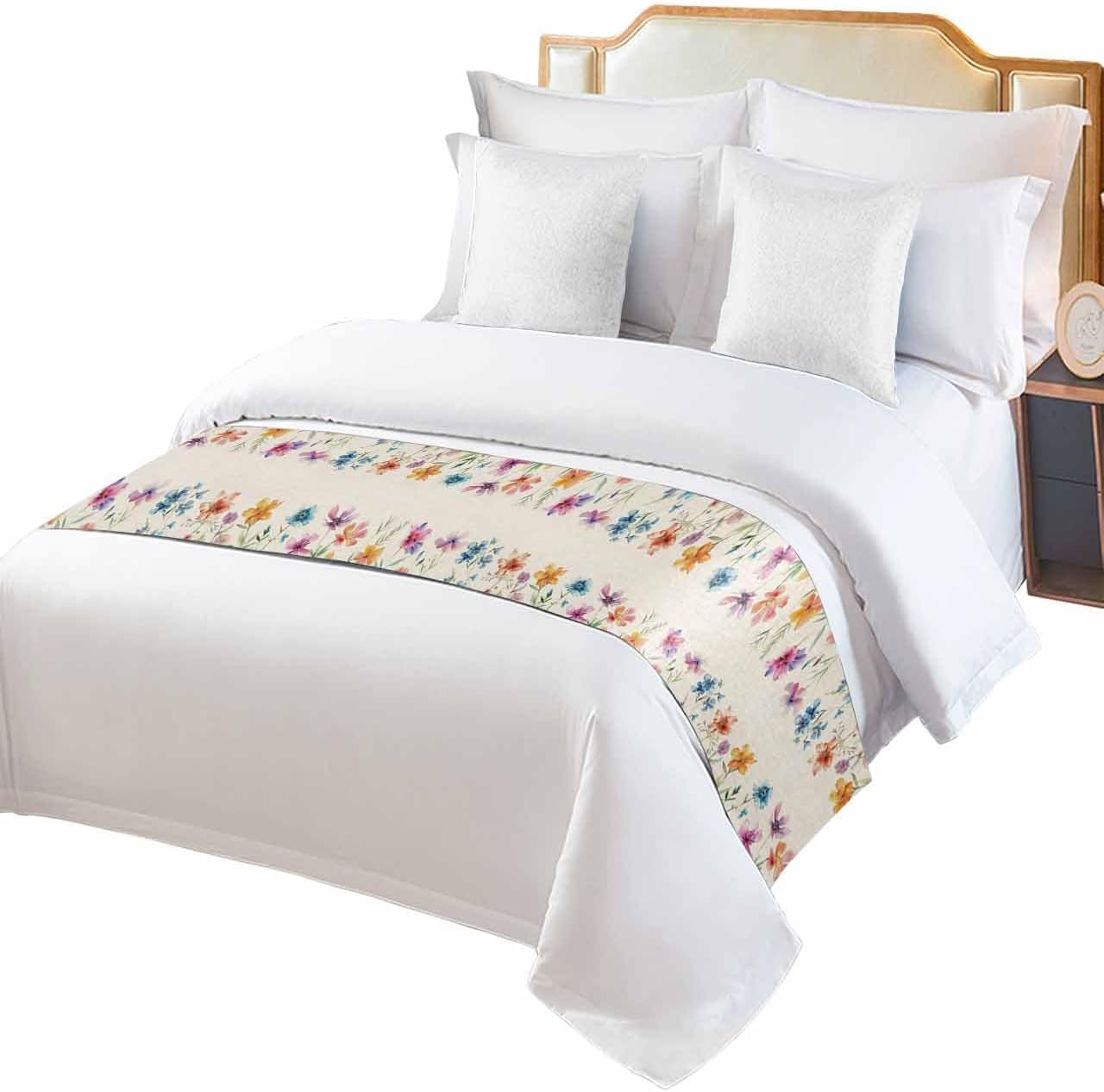 Spring Botanical Colorful Floral Leaf Bed Runners for Bedroom Hotel,Decorative Bedding Scarf Watercolor Flower on Linen Bed End Blanket Bedding Runner Scarves for Queen Size Bed,94x20in