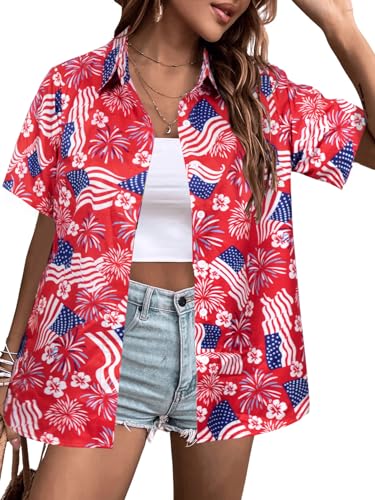 Image of ASTANFY Hawaiian Shirt Women Hawaii T-Shirt Tropical Floral Printed V Neck Shirts Soft Cool Summer Beach Button Up Blouse