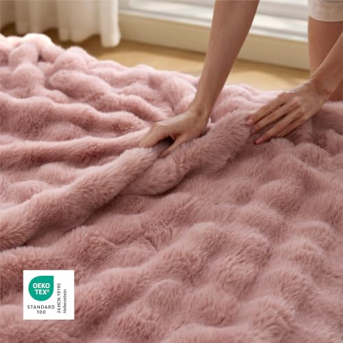 Image of Bedsure GentleSoft Bubble Faux Fur Blankets Queen Size, Fluffy Fuzzy Queen Blanket for Bed, Soft Cozy Faux Fur Bedding for Winter, Thick Warm Plush Bed Cover, Dusty Rose, 90x90