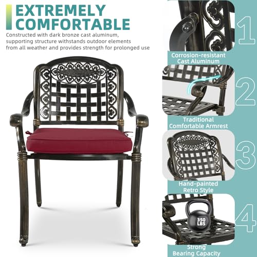 Image of MEETWARM 7-Piece Outdoor Furniture Dining Set, All Weather Cast Aluminum Patio Garden Set with 6 Chairs, 6 Cushions, 1 Rectangular Table, 2 inch Umbrella Hole, Dark Bronze, Chili Red