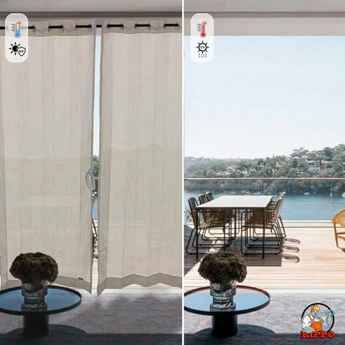 Image of HIPPO 160 GSM Outdoor Sun Blocking Balcony Eyelet /Grommet Curtains Sun & UV Protection, Light Filtering 3FTX8FT Door Curtain (Sand-White)