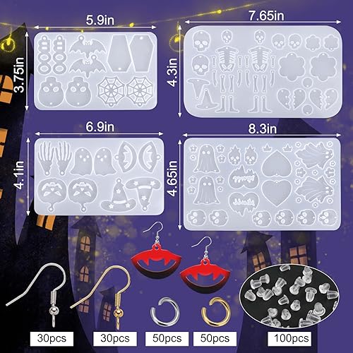 Juome 94 Pcs Halloween Earring Resin Molds Silicone, 26 Pairs Halloween Silicone Molds for Epoxy Resin Skull Pumpkin Ghost Coffin Bat Spider Web Earrings DIY Jewelry Crafts Pendant Keychain Making