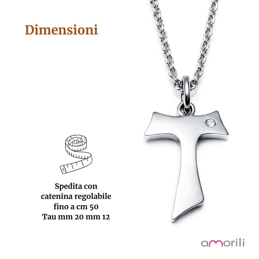 Collana Tau Francescano Uomo Donna in Acciaio Inox con Zircone Bianco – Pendente Religioso Cattolico Cristiano Simbolo di San Francesco – Gioiello Spiritualità Fede Regalo