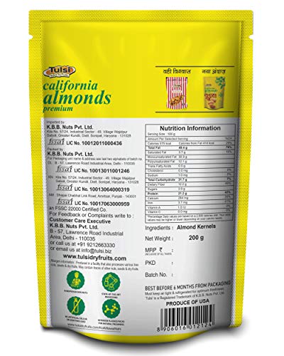 Image of Tulsi California Almonds Premium 800g (200g x 4) | Whole Almond | Rich in Vitamins & Minerals | Good for Health | Loaded with Antioxidants | Nuts & Dry Fruits|Badam Giri | Healthy Nuts | (Pack of 4)