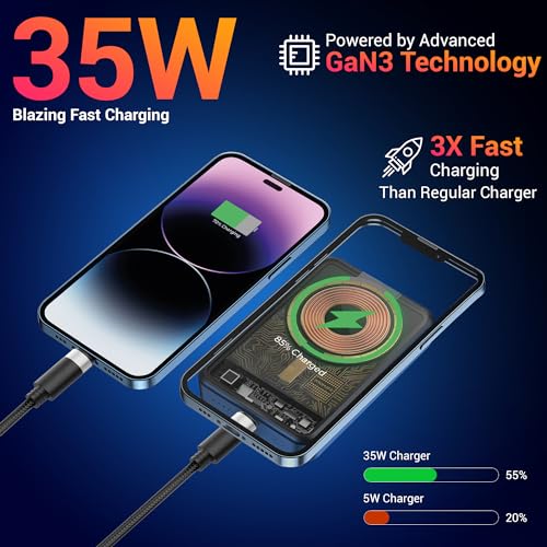 Image of Tukzer 35W Dual Port GaN3 Ultra 3X Faster Charger Adapter (Type C PD3.0 & USB QC3.0) with Type C to C Cable for iPhone 17 /17 Plus /17 Pro /17 Pro Max, 16 /15 /14 /13 /12 Series,Samsung, MacBook,Laptops-BLK