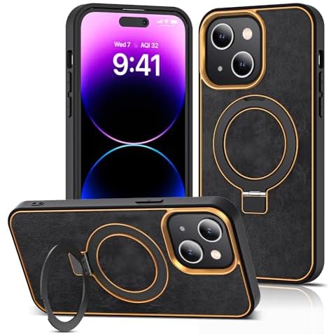 YEMODO for iPhone 13/14 Case with Magnetic Invisible Ring Stand Leather Business Phone Case Compatible with Magsafe Shockproof Protection Classic Luxury Slim Cover for Women Men,Black Cover