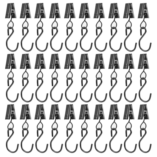 Mokife Clips para Cortinas, 30 Metal Pinzas con S Ganchos para Cortinas de Ducha, Luces de Fiesta, Alambre de Exterior, Fotos, Decoración del Hogar, Negro