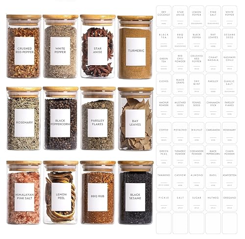 Image of VILON 9oz(270Ml) 12Pack Spice Jars With Minimalist Spice Labels, Round Jars With Bamboo Lids, Premium Labels, Storage Container Canisters,Transparent