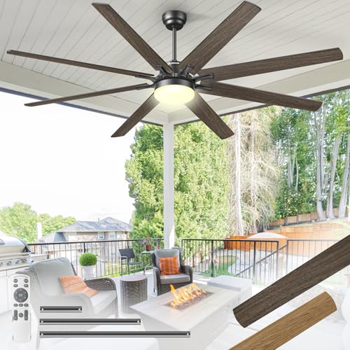 Arecovas 72 Inch Large Ceiling Fans with Lights and Remote, Black Ceiling Fan with Quiet DC Motor, 3CCT Dimmable, 3 Downrods, 8 Dual Finish Blades Industrial Ceiling Fan for Kitchen Living Room Patio