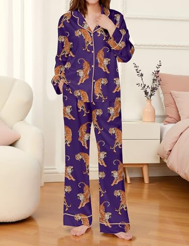Image of SHESHOW Satin Pajamas Set for Women Set Long Sleeve Button Down Pjs Sets 2 Piece Loungewear Animal Sleepwear XS-XXL
