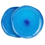 roro Ceramic Stoneware Handmade Blue Speckled Spotted Dinner Plates Set of x 2, Coral Beach Motif