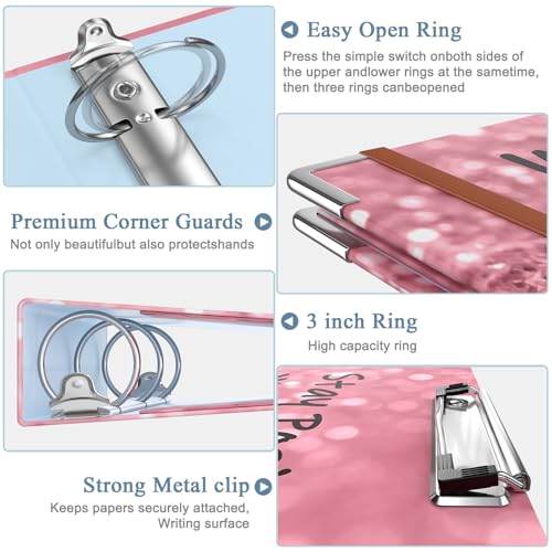 Image of 3 Ring Binder, 3 Inches Round Ring Binder with Clipboard, Dividers Tabs, PVC Zipper Bag Sleeves & to Do List Planners for Women, Men, School, Office Supplies, Work Hard