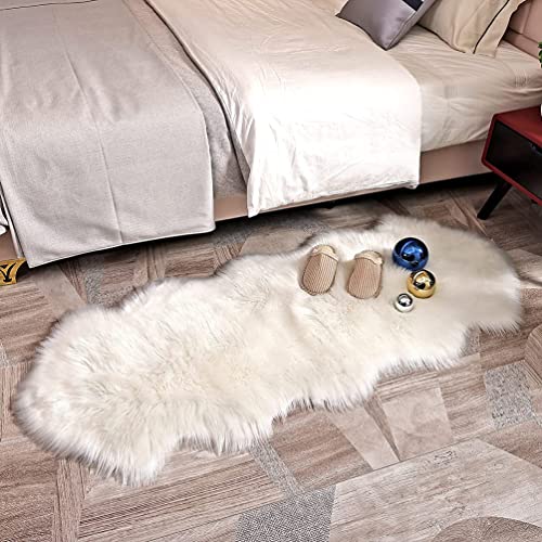 JXLOULAN Nachahmung Lammfell Teppich 60 x 160 cm Lammfellimitat Teppich Künstlicher Fell Wolle Bettvorleger Sofa Matte (Weiß)