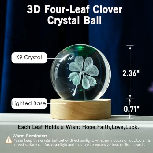 Image of 3D Four-Leaf Clover Crystal Ball 60mm Good Luck Gifts Ideas for Her Him | Decorative Glass 4-leaf Clover Globe with Multicolor Lighting Base St Patricks Day Gifts for Women Men Room Decor