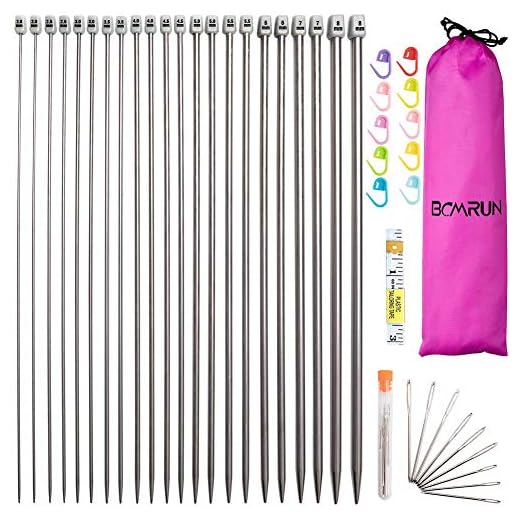 Knitting Needle Set, BCMRUN 22PCS 2mm(B)-8mm(L) Straight Single Pointed Stainless Steel Sweater Needles Set(11Pair-11 Size,9.8 inch) with Locking Stitch Makers Large-Eye Blunt Needles Measure Tape