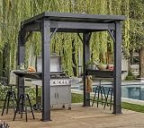 Keter Signature 8 x 6.5 FT Grill Gazebo Hardtop Durable Resin Outdoor BBQ Gazebo with Double Shelves, Permanent Grill Pavilion for Patio Lawn, Deck, Backyard, and Garden