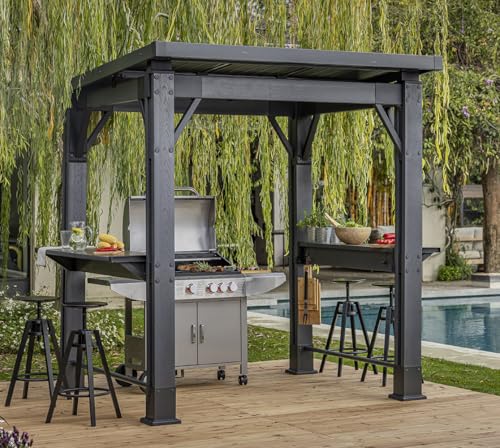 Keter Signature 8 x 6.5 FT Grill Gazebo Hardtop Durable Resin Outdoor BBQ Gazebo with Double Shelves, Permanent Grill Pavilion for Patio Lawn, Deck, Backyard, and Garden