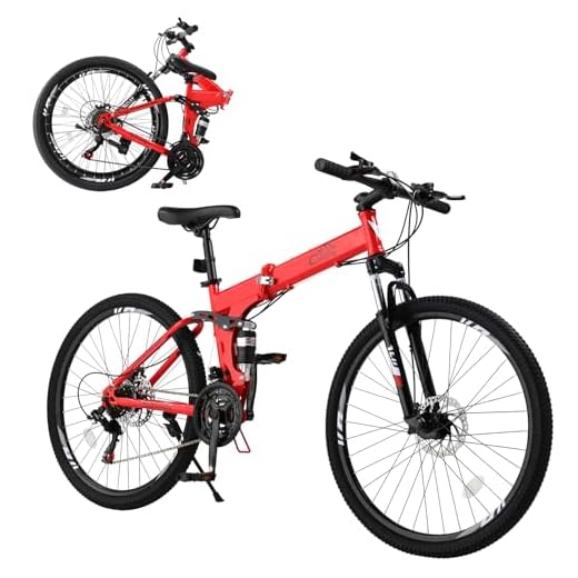Ktaxon Folding Mountain Bike 21-Speed Adult Bikes 26 Inch Bike with High Carbon Steel Frame, Double-Kill Disc Brake System, Thickened Shock-Absorbing Front Fork (Red)