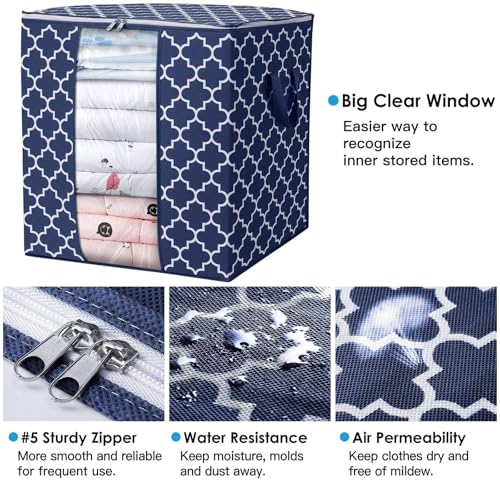 Image of Non-woven Printed Storage Bags [3 Pack /100L] Large Blanket Clothes Organization and Storage Containers for Comforters, Bedding, Foldable Organizer, Blue, Non-Woven Fabric