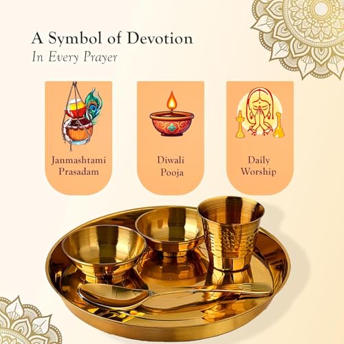 Image of Laddu Gopal Thali Set (5 Pcs, Brass) | Kanha Ji Bhog Thali with Bowl, Plate, Glass & Spoon | Bal Gopal Puja Thali Set for Home Temple /Mandir | Krishna Ji Seva Set (12 cm)