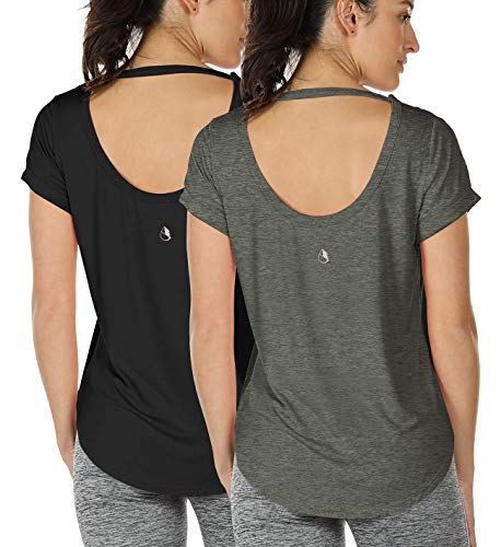 Image of icyzone Open Back Yoga Shirts for Women - Exercise Workout Tops, Athletic Short Sleeves, Running T-Shirts Loose Fit