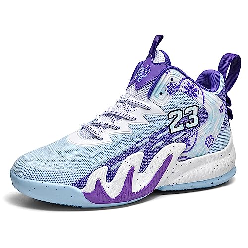 DHAEY High Top Outdoor Basketball Shoes for Men Women Lightweight Breathable School Shoes for Boys Fashionable Professional Outdoor Basketball Shoes (Color : Purple, Size : 6.5 Women/5 Men)