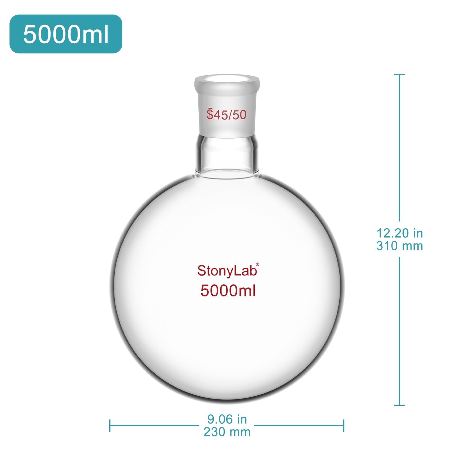 stonylab 5 L Matraz de Fondo Redondo RBF, Gran Capacidad Paredes Pesadas Cuello único Matraz de Laboratorio Borosilicato Fondo Circular de Vidrio Matraz Hirviendo con 45/50 Conexión Exterior Cónica