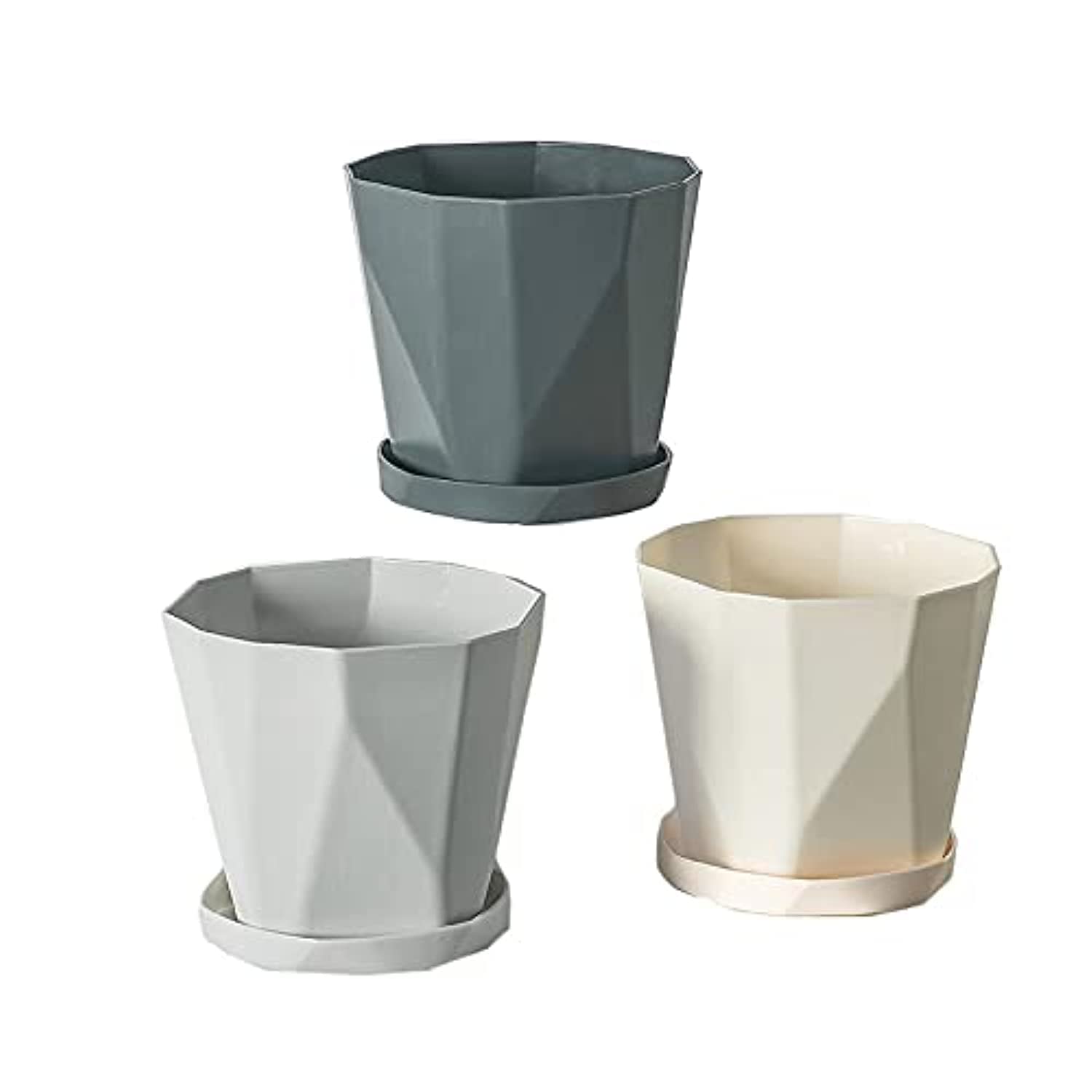 WEYSH 3 Pack 8.5 Inch Flower Pots, Plastic Plant Pots with Saucer Trays, Decorative Planters for Home, Garden and Office