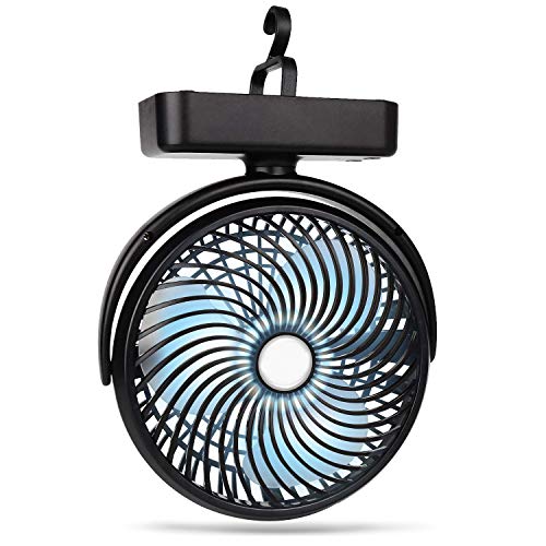 TOMNEW Camping Fan with LED Lights, Portable Mini Desk Fan USB Rechargeable 4400mAh Battery Operated Fan with Hook, 3 Level Air Flow, Silent Tent Fan for Camping, Home & Office