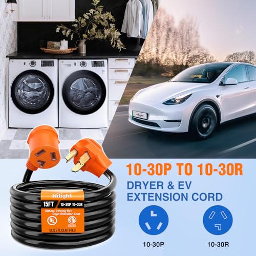 Image of Nilight 15FT EV Dryer Extension Cord 3 Prong 30 Amp NEMA 10-30P 10-30R Old Extensions Cable Heavy Duty 10 Gauge Pure Copper Wire UL Listed 125 /250V for Level 2 Using